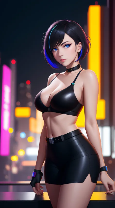 there is a woman standing, Neon streaked Black Hair, Bob Short Hair, cyberpunk femme fatale, seductive cyberpunk dark fantasy, cyberpunk strip clubs, cyberpunk 20 y. o model girl, oppai cyberpunk, Serious Face, Realistic Face Resolution, Realistic, Object ...