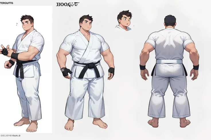 ((1boy_only, same_character, same_outfit)), charturnerv2, character_turnaround, character_sheet, ((3views)), reference_sheet, (chubby:1.2, stocky:1.2), ((white judo gi)), ((dougi)), barefoot, ((long pants)), (bara:1.2), (shota:0.25), buzz_cut, full body sh...