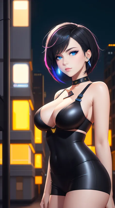 there is a woman standing, Neon streaked Black Hair, Bob Short Hair, cyberpunk femme fatale, seductive cyberpunk dark fantasy, cyberpunk strip clubs, cyberpunk 20 y. o model girl, oppai cyberpunk, Serious Face, Realistic Face Resolution, Realistic, Object ...