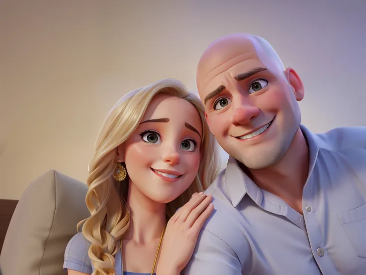 There is a bald man and a blonde woman who are posing for a picture, The two of them are smiling, Lovely couple, In the background, imagem de perfil, com ela longa, Postagem 4k, 4 k post, they are in love