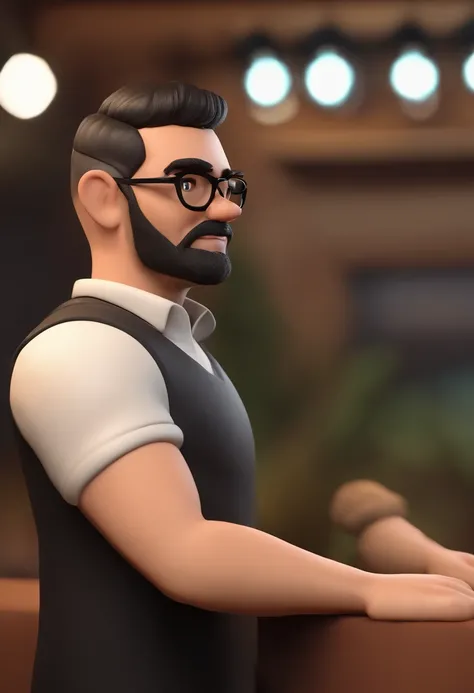 Cartoon character of a man with black glasses and a black polo shirt, cabelo liso, With beard and old school tattoo on his arm, animation character, Caractere estilizado, animation style rendering, 3D estilizado, Arnold Maya render, 3 d render stylized, to...