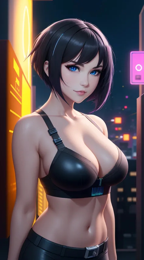 there is a woman standing, Neon streaked Black Hair, Bob Short Hair, cyberpunk femme fatale, seductive cyberpunk dark fantasy, cyberpunk strip clubs, cyberpunk 20 y. o model girl, oppai cyberpunk, Serious Face, Realistic Face Resolution, Realistic, Object ...