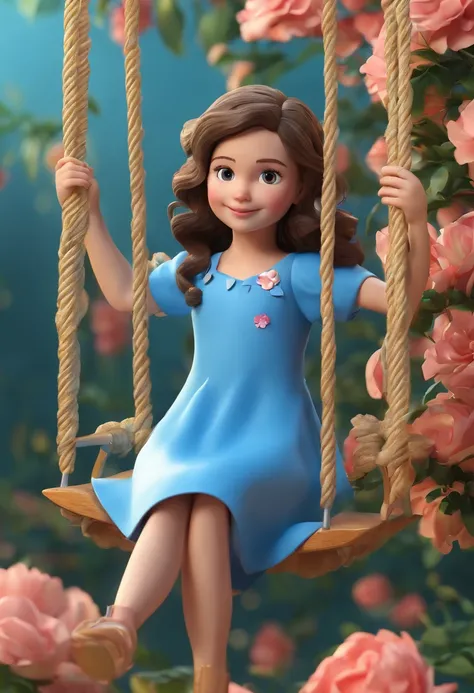 Child brunette girl with medium wavy hair in a bright blue dress sitting on a swing full of flowers