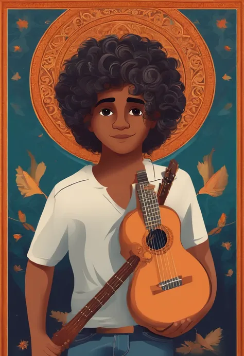 crie um banner no estilo Pixar. A boy with Indian features, moreno pardo com cabelos curtos, Castanhos escuros, Curly and slightly grayish appearance, mas jovem, usando uma camiseta, Wearing jeans and holding a classical guitar with 7 strings.