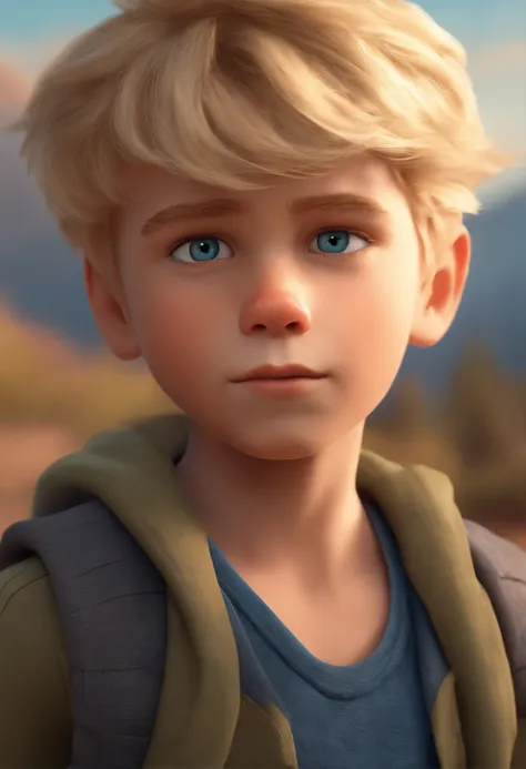 Image of a blond boy for a story in a YouTube video in Pixar format, Hes the little allabester, Hes the class leader, Hes outgoing, Playful and gets up for a lot of things, cabelo curto e liso