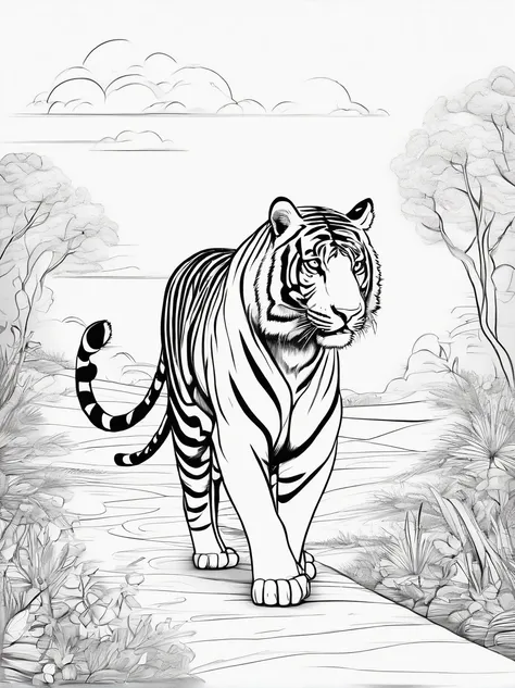 an tiger walking in pathway, line art. cartoon character, 3d style, high quility, colorin book, hand draw, line art. no shadow.