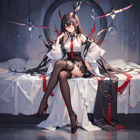 "anime girl, 1 person, black hair, shoulder-length hair, red eyes, glasses, white horns, wearing womens shirt, tie, school clothes, big breasts, tights, high heels, sitting  crossed legs, licking lips, small black wings on back,solo,front view, (full HD 4K...