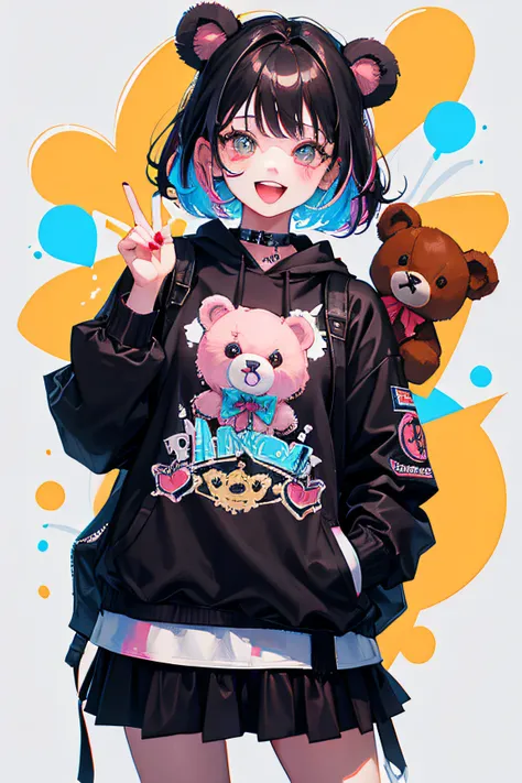 （illustratio：1.3）Teddy bear with girl smiling with open mouth,Painted with multicolored inks,Punk style,Innocent Teddy Bear,Radiant,Delicate,high-level image quality,Honey is dripping