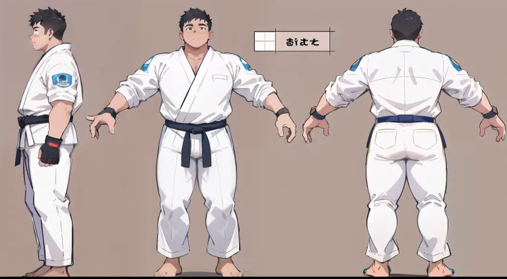 ((1boy_only, same_character, same_outfit)), charturnerv2, character_turnaround, character_sheet, ((3views)), reference_sheet, (chubby:1.2, stocky:1.2), ((white judo gi)), ((dougi)), barefoot, ((long pants)), (bara:1.2), (shota:0.25), buzz_cut, full body sh...