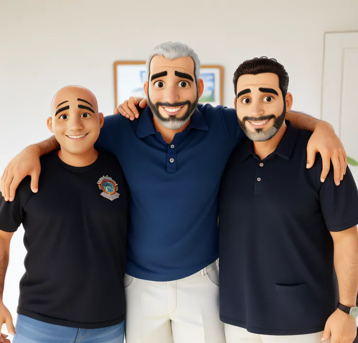 3 amigos adultos sorrindo um careca e outro grisalho de barba e outro com pouca barba