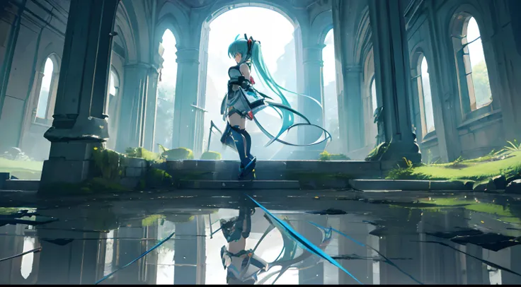 miku hatsune, (Rin々Profile:1.3), Sorcerer Adventurer, Contre-Jour, ancient ruin, specular reflection, (masutepiece), (Best Quality, 8K, High resolution), Ultra-detailed, (Realistic), Vibrant colors.