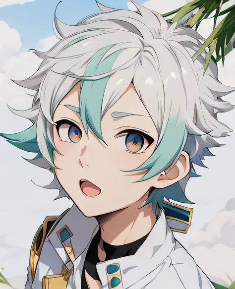 anime style boy, with short white hair,eyes half closed , Mouth closed，Surrounded by clear blue skies, Capture feelings of joy and adventure,, Soft Shading, energetic and vibrant atmosphere.