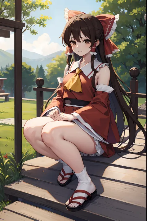 reimuhakurei, reimu hakurei, (brown eyes:1.5), brown hair, bow, hair bow, hair tubes, long hair, red bow, sidelocks,
BREAK ascot, bare shoulders, black footwear, detached sleeves, embellished costume, frills, japanese clothes, nontraditional miko, red skir...