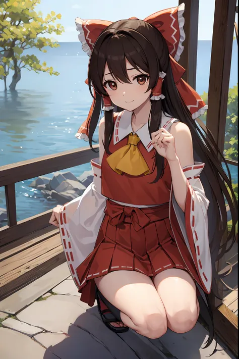 reimuhakurei, reimu hakurei, (brown eyes:1.5), brown hair, bow, hair bow, hair tubes, long hair, red bow, sidelocks,
BREAK ascot, bare shoulders, black footwear, detached sleeves, embellished costume, frills, japanese clothes, nontraditional miko, red skir...