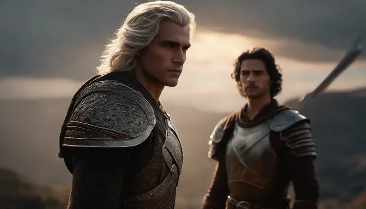 A handsome young male character with medium silver hair looking at the kingdom, ele tem uma espada, He stands next to a young warrior with blond hair, Behind them is also a strong adult warrior with brown hair, Dark setting, ultra-realistic, Estilo de dese...