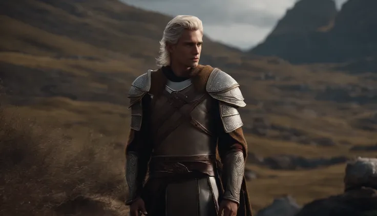 A handsome young male character with medium silver hair looking at the kingdom, ele tem uma espada, He stands next to a young warrior with blond hair, Behind them is also a strong adult warrior with brown hair, Dark setting, ultra-realistic, Estilo de dese...