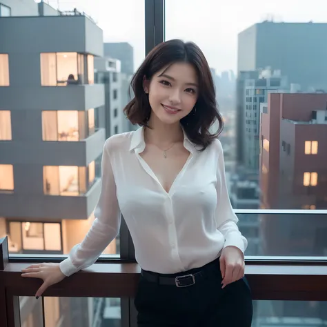 ((1人の女性,Beauty Secretary: 1,25-years old,Classy long-sleeved blouse,Classy pants,a necklace,Wave Shorthair,Beautiful wavy shorthair,Big smile,looking happy smile,Room in a tower apartment on the 40th floor,One huge window in the background,Huge windows,nig...