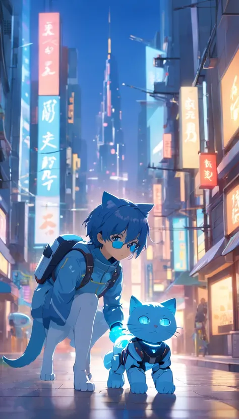 Robot Blue Cat, (Blind box toy style:1.2), (full body shot of) , 1 Transparent Boy,Behind him is a cute transparent robot cat, Mecha transparent, Exquisite helmet:1.2, Glasses:1.2, Cyberpunk, dreamy glow, luminous neon lights, ren, white backgrounid, ( glo...