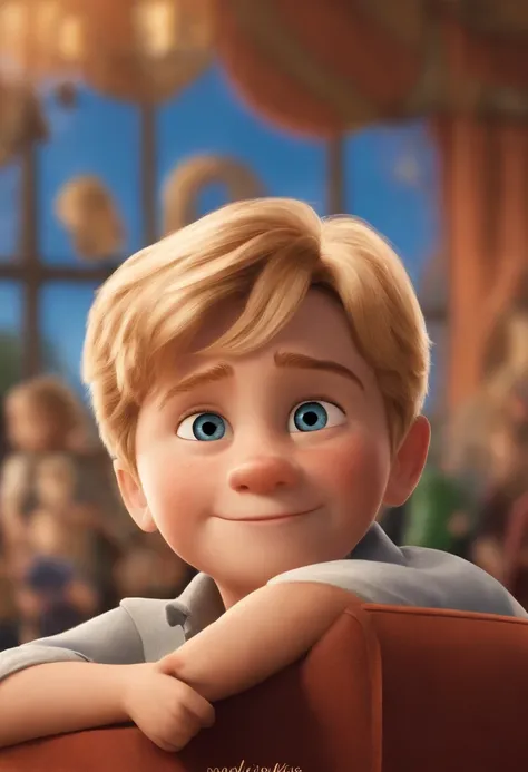 Imagem de um menino de 10 anos em um poster de filme estilo Pixar. Hes the class leader, Hes outgoing, Playful and gets up for a lot of things, shirt blonde hair and blue eyes without glasses. No fundo uma paisagem do universo de Harry Potter. Na imagem es...