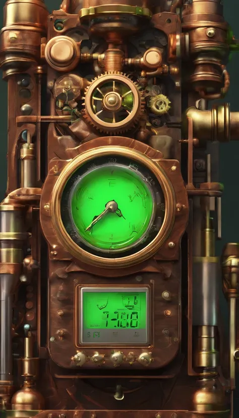 Mobile wallpaper in steampunk style with a panel full of copper and brass gears, muitos tubos cobre polido, vapor, Tubes with bright light green liquids, Pressure gauge, 3D, realista, 4k