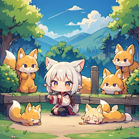 ​masterpiece、cute、chibi、细致背景、girl personified by a fox、fox tail and ears