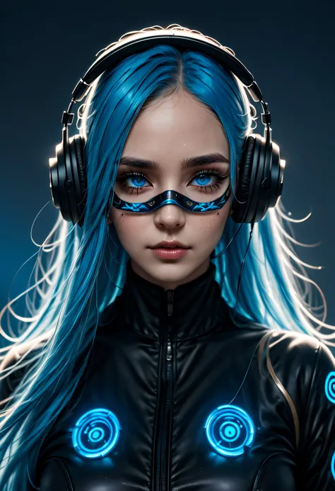 girl with long blue hair, blue eyes, futuristic vibes, mask on mouth, headphones, 8k, high quality, simple background, glowing e...