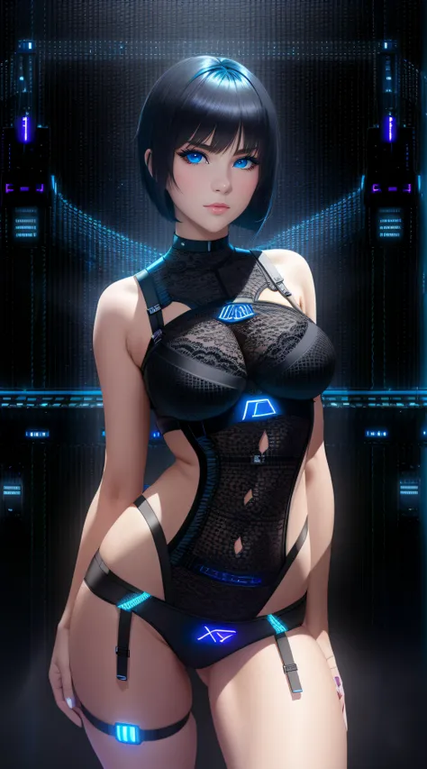 25-Year-Old Woman, Full Body, Adult, Dark Blue Water-Colored Eyes, Bright Neon Lighting, Black Bob Short Hair, strip club outfit, lace underwear, Serious Face, Realistic Face Resolution, Realistic, Object Resolution, (dark city night black background:1.4)