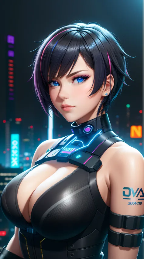 there is a woman standing, Neon streaked Black Hair, Bob Short Hair, cyberpunk femme fatale, seductive cyberpunk dark fantasy, cyberpunk strip clubs, cyberpunk 20 y. o model girl, oppai cyberpunk, Serious Face, Realistic Face Resolution, Realistic, Object ...