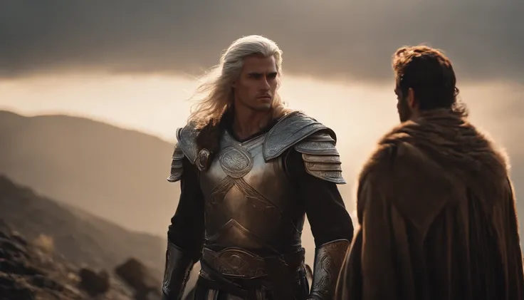 A handsome young male character with medium silver hair looking at the kingdom, ele tem uma espada, He stands next to a young warrior with blond hair, Behind them is also a strong adult warrior with brown hair, Dark setting, ultra-realistic, Estilo de dese...