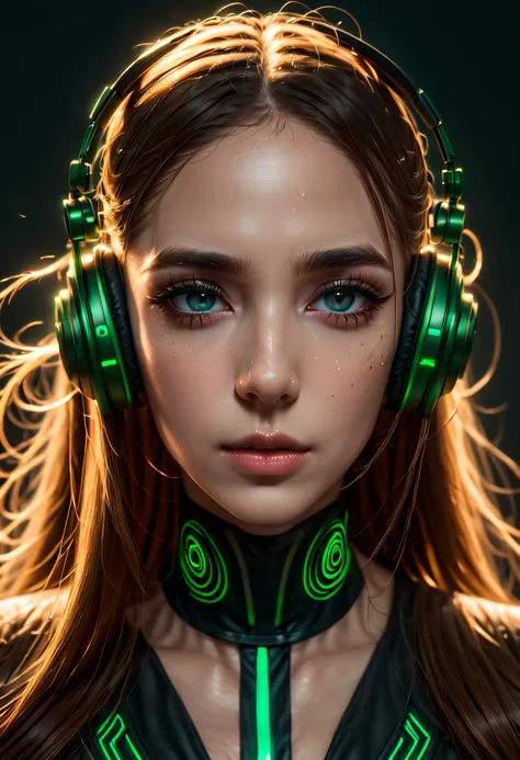 girl with long green hair, green eyes, futuristic vibes, mask on mouth, headphones, 8k, high quality, simple background, glowing...