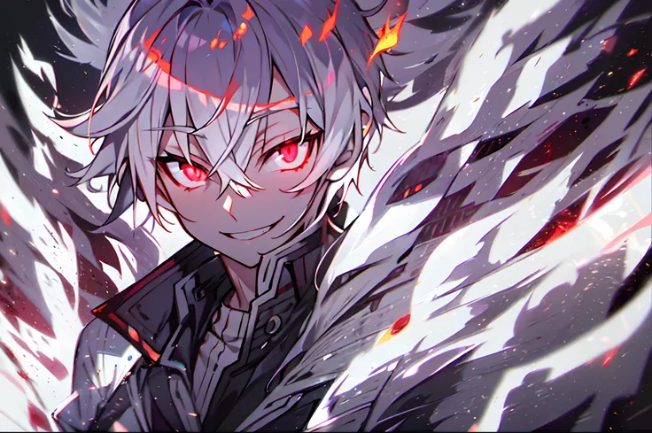 hight resolution,close range、Anime boy with white hair and red eyes staring at camera, Glowing red eyes,slim, dressed in a black outfit,Shadow Body,de pele branca,monochromes,hair messy,Aggressive smile、Diagonal angle、Vortex of flames