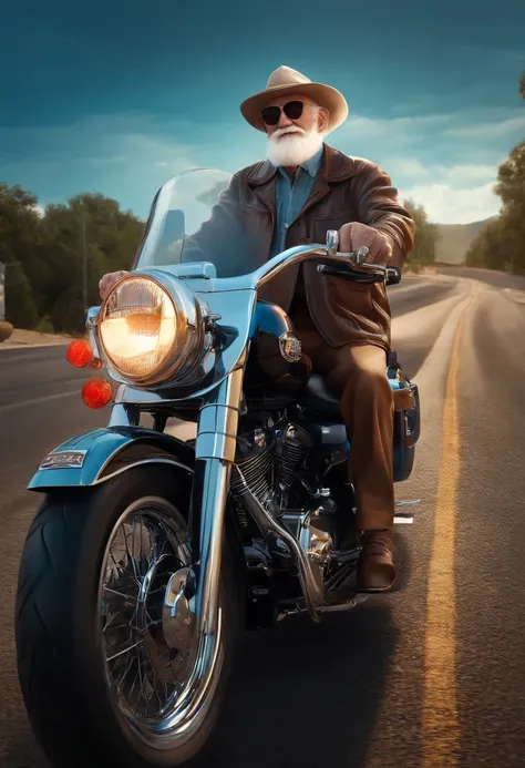 a 3D Disney Pixar style poster of an elderly man with blue eyes,  pilotando uma Harley Davison 883 em um passeio de motocicleta