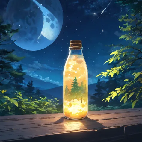 (Moon as subject, starry sky, in bottle), Atmospheric Oliva Lighting, 4k UHD, Dark Atmosphere, Ultra Detailed, Vibrant Color Forest Background, Epic Composition, Octane Rendering, Sharp Focus, High Resolution Isometric