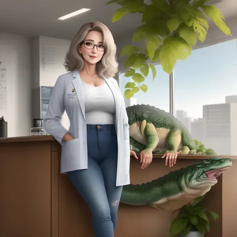 Professora de Biologia,  40 anos, cabelos curtos na altura dos ombros,cabelos castanhos, usando oculos, blusa, Jeans and lab coat, segurando um lagarto e uma planta