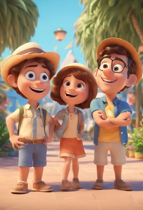 Cartoon of friends having fun on vacation together,  3D Animation Movie Poster, Poster de filme animado, pixar 3 d animation style, pixar renderman rendering, maia 8 mil, animated film, Disney Pixar Estilo 3D, amigos felizes saem juntos, all wearing light ...