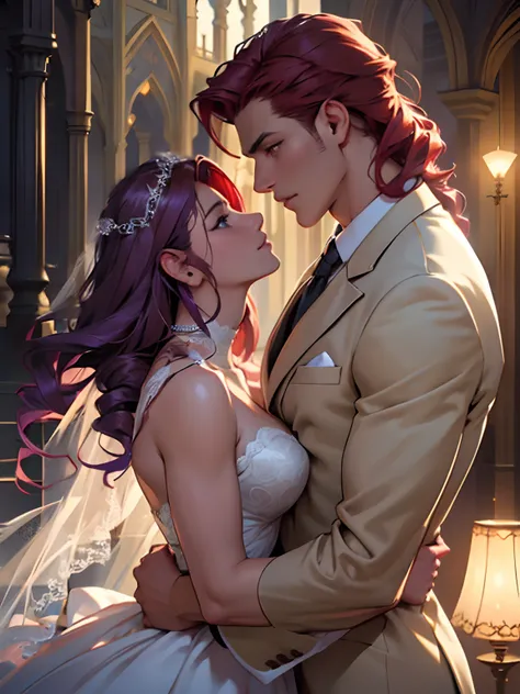 long purple hair. jewelry in her hair. Pearls in the hair. bridal veil