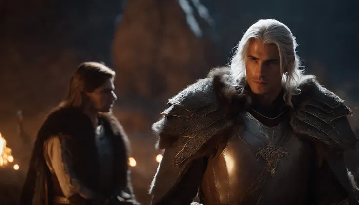 A handsome young male character with medium silver hair looking at the kingdom, ele tem uma espada, He stands next to a young warrior with blond hair, Behind them is also a strong adult warrior with brown hair, Dark setting, ultra-realistic, Estilo de dese...