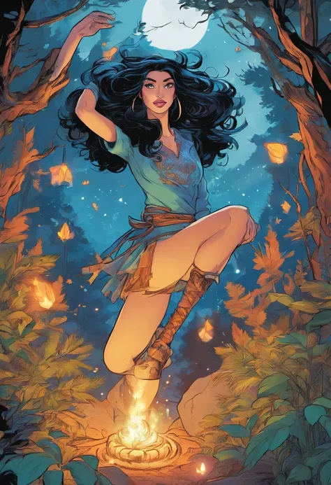 A beautiful natural witch with black hair and blue eyes in the middle of a magical forest, Dancing around a campfire in the moonlight.  Magical lights all around you illuminate the landscape