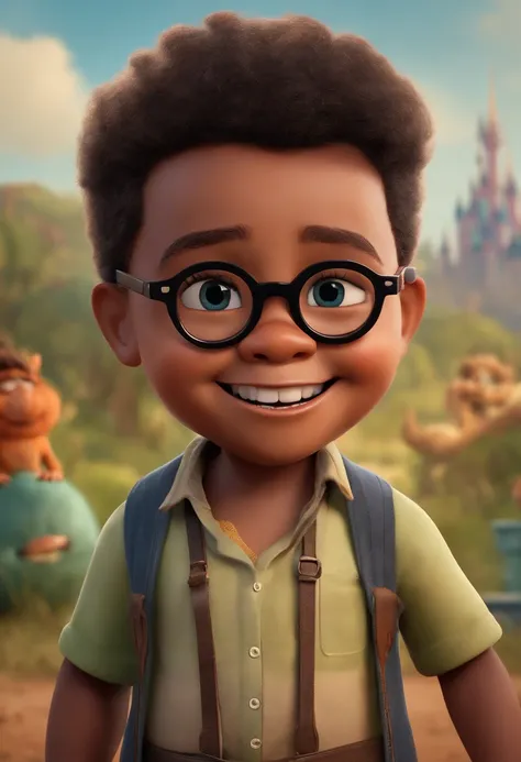 um menino magrinho, Toothy and big-headed with a Disney Pixar pair of glasses, escrito "laroque"