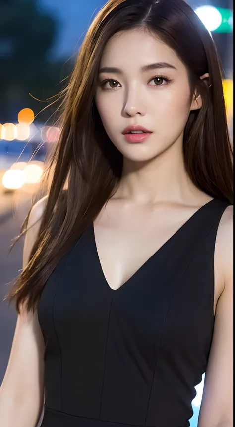 ((Realistic lighting, Best Quality, 8K, Masterpiece: 1.3)), Focus: 1.2, 1girl, Perfect Beauty: 1.4, Slim Abs: 1.1, ((Dark brown hair)), (Black dress: 1.4), (Outdoor, Night: 1.1), City streets, Super fine face, Fine eyes, Double eyelids,