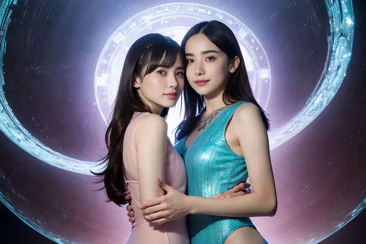 (Two beautiful teenage italian girls:1.6), Close friends, (They are hugging each other:1.2), Kiss her cheek or chest,(Detailed iridescent bodysuit with beautiful fractal or marble design:1.5), Incredible and spectacular scenes, ((High quality)), ((Detailed...