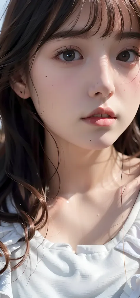 Close-up of a young woman with long hair and a white shirt, beautiful delicate face, girl cute-fine face, cute delicate face, Extremely beautiful face, beautiful Japanese girl face, feminine beautiful face, Cute natural anime face, Very beautiful face, wit...