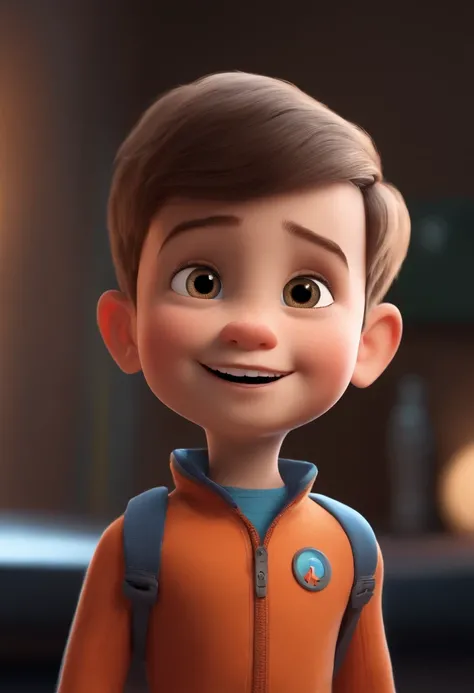 a happy cute kid standing short hair, vestindo uma fantasia espacial, , fundo branco, barnet, Tom, Estilo Pixar, ....3d, desenhos animados, rosto detalhado, asymmetrical 16k