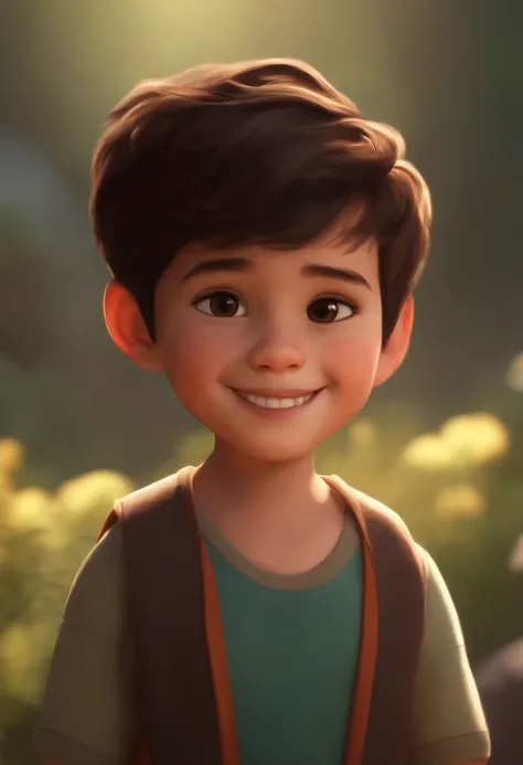 Boy, Child, Short Hair, Dark Brown, Almond Black Eyes, Smiling, Rounded Face, Disney Pixar Style