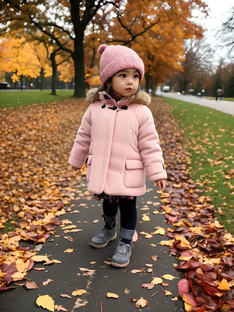 Little girl in pink coat and hat standing on sidewalk, walking at the park, On the sidewalk of Vancouver, in the autumn, covered with fallen leaves, in the autumn, 🍁 Cute, In the Rose Forest, in the autumn, A walk in the garden, in park, in park, in the au...