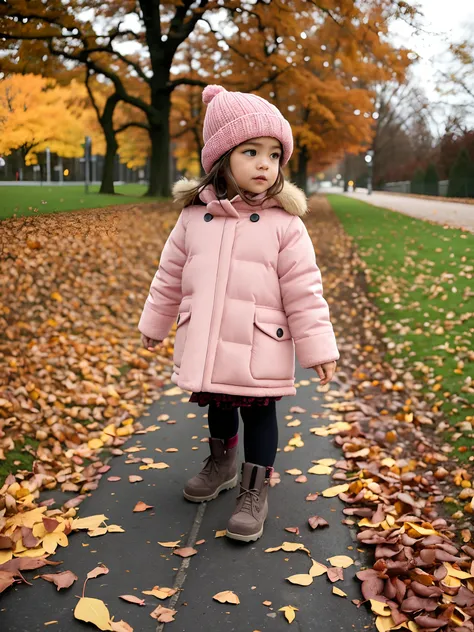 Little girl in pink coat and hat standing on the sidewalk, walking at the park, On the sidewalk of Vancouver, in the autumn, covered with fallen leaves, in the autumn, 🍁 Cute, In the Rose Forest, in the autumn, A walk in the garden, in park, in park, in th...