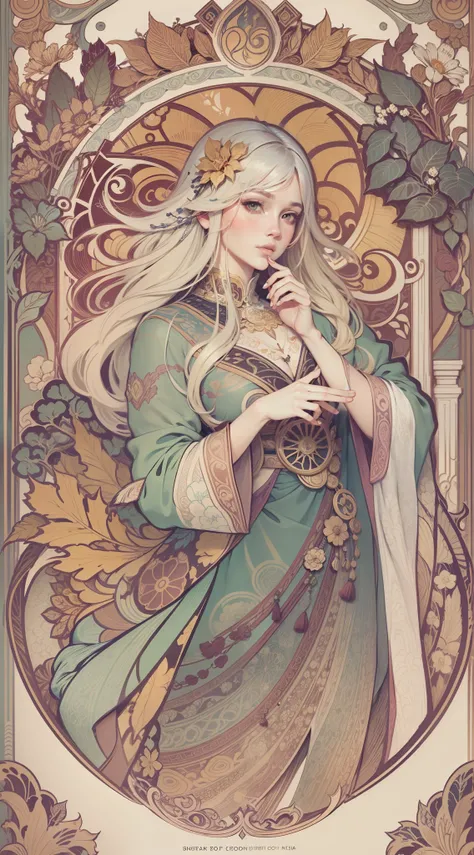 high-level image quality,Genshin, Light hair, tarot card art, line-drawing, clean line drawings, Nature-themed colored mandalas, Colorful, Simple and clean lineart, Art Nouveau décor, Alfonse Mucha, Perfect intricate details, Realistic.