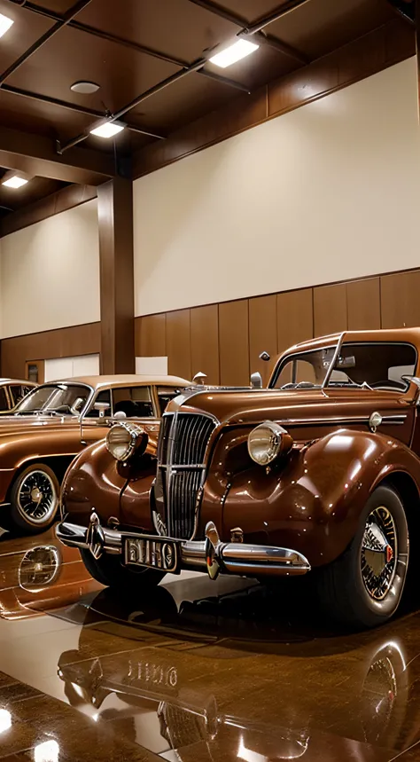 Illustrate a luxurious showroom filled with vintage cars from the 1940s and 1950s, showcasing the opulence of the era, smooth colors, vintage