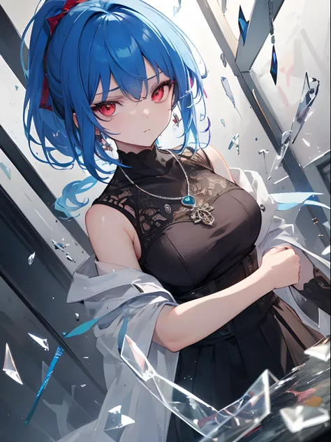 Studio quality shot, ((masterpiece)), ((best quality)), high detail, (perfect composition), beautiful shot of a girl, red eyes, glowing hair, bright blue hair, around her is floating pieces of glass, broken glass, sharp eyes, serious look, necklace, earrin...