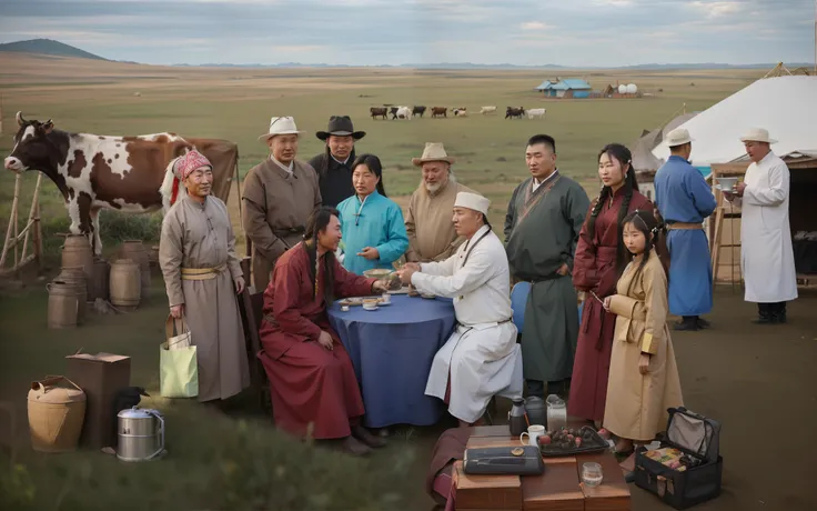 There were a lot of people sitting around a table around a cow, ancient mongolian elon musk, Mongolia, sci - fi mongolian village, kent monkman, In the steppe, ssmile，author：Cheng Zhengkui, alexey egorov, mongol, sergey zabelin, by Ni Yuanlu, author：Alexan...